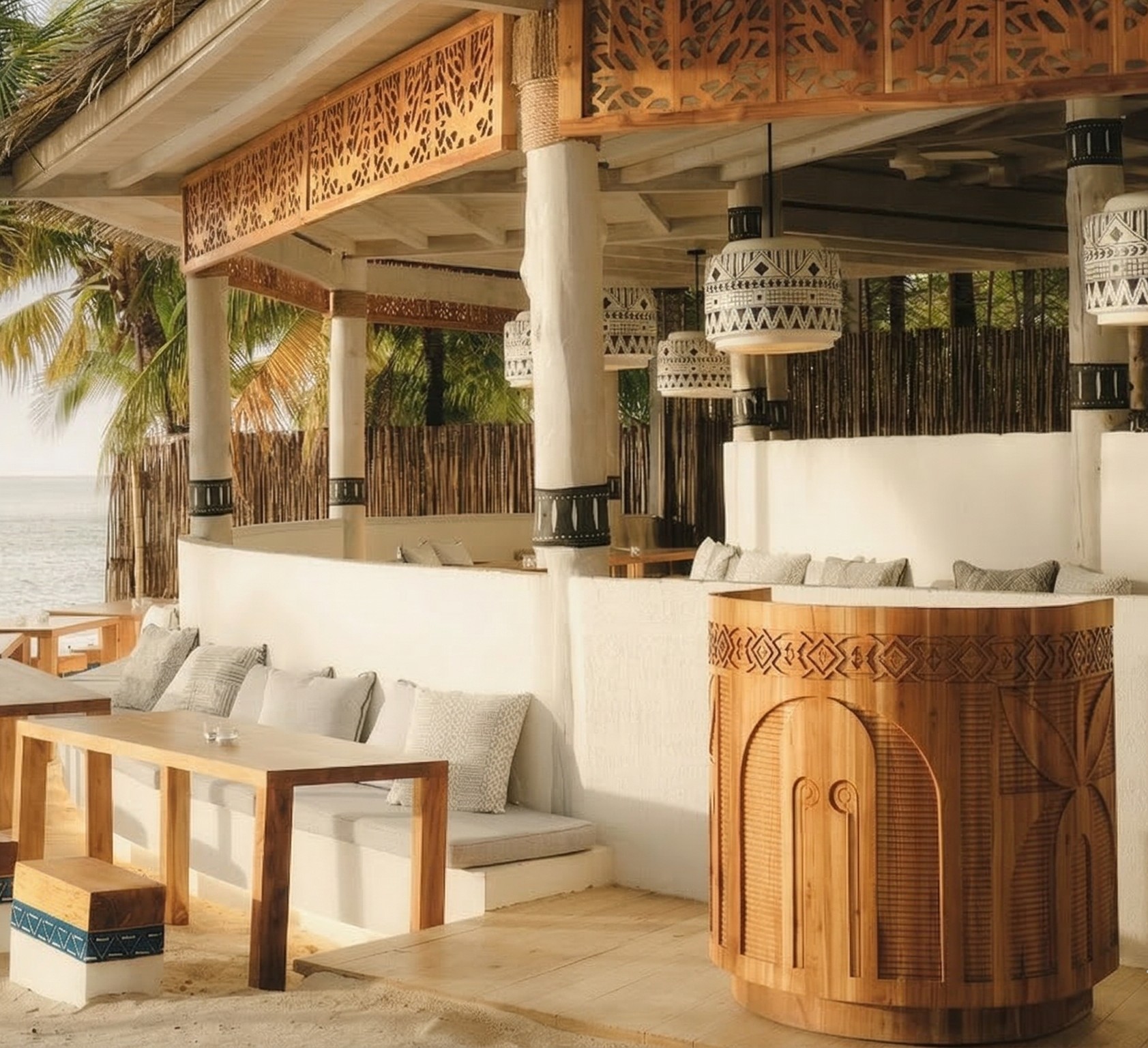 Bar Sea Cat vista al mar con columnas talladas